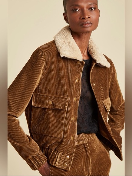 Adam Lippes Collective Corduroy Shearling Collar Chore Barn Coat Jacket 4 S